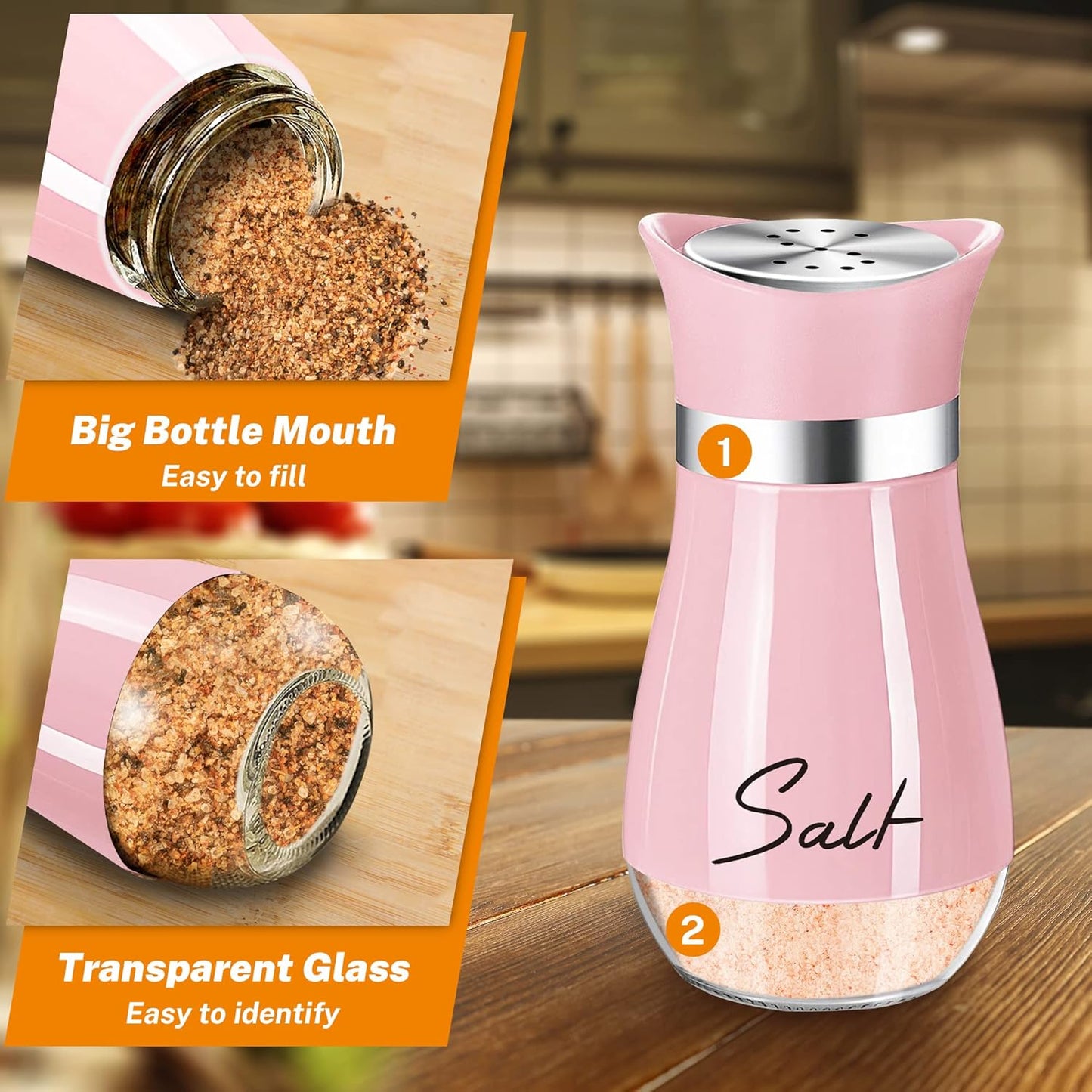 Salt and Pepper Shakers Set,4 oz Glass Bottom Spice Shaker with Stainless Steel Lids Refillable Seasoning Jars for Kitchen Cooking Table Color Pink 2.5"L x 5"W x 4.8"H
