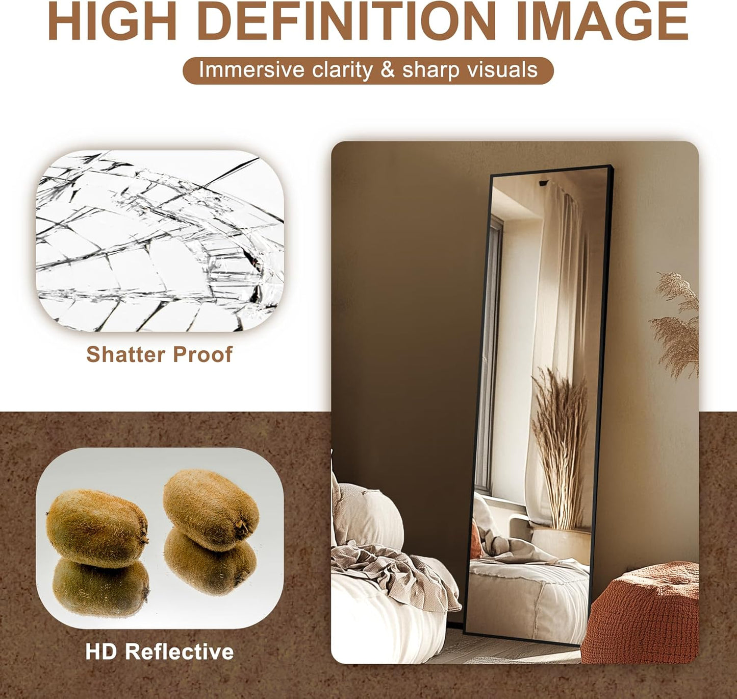 Full Length Wall Mirror with stand, 56”x15”, Standing Mirror Full Body, Aluminum Alloy Frame Full Body Mirror, Standing Hanging or Leaning Against Wall for Bedroom and Living Room (Black).