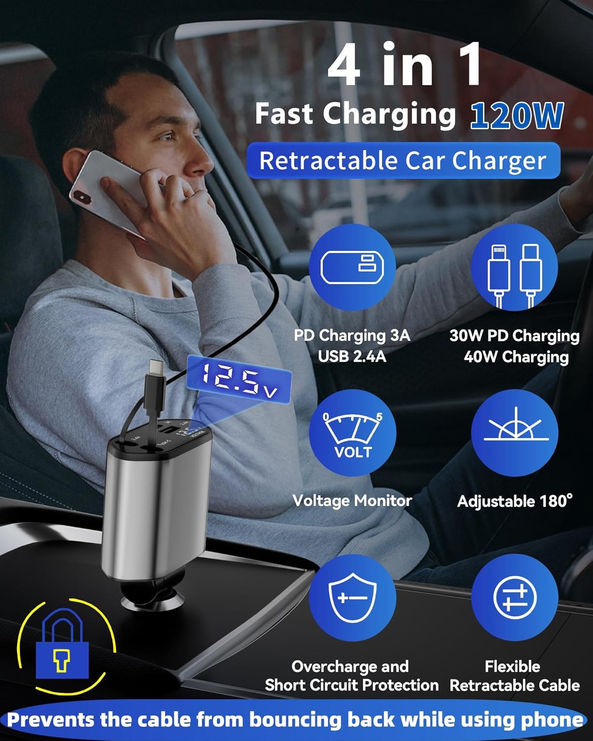 4-in-1 Retractable Fast Car Charger USB-C and USB-A Compatible with iPhone 16/15/14/13/12/11, Samsung Galaxy, Pixel, and More.