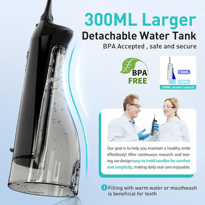 Water Dental Flosser Teeth Pick Portable Cordless Oral Irrigator with 300ML Tank, Rechargeable and IPX7 Waterproof, Electric Flossing Machine for Deep Teeth Cleaning and Travel Use (Model C20 – White)