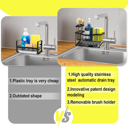 Kitchen Sink Caddy Sponge and Brush Holder with Rustproof Stainless Steel Self-Draining Tray, Sink Organizer for Sponge, Soap Dispenser and Cleaning Accessories.