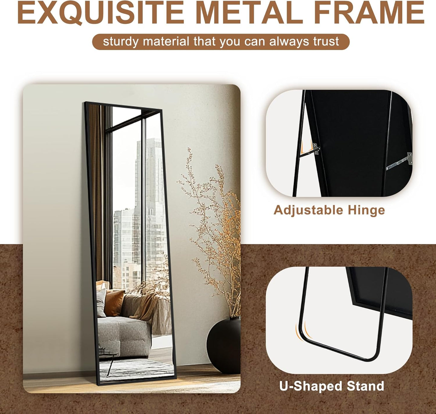 Full Length Wall Mirror with stand, 56”x15”, Standing Mirror Full Body, Aluminum Alloy Frame Full Body Mirror, Standing Hanging or Leaning Against Wall for Bedroom and Living Room (Black).
