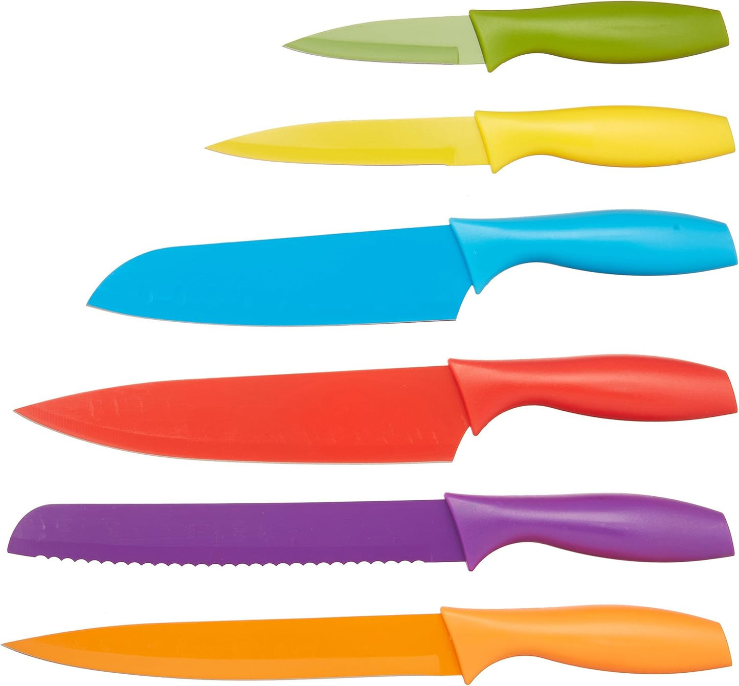 Bread knife Multicolor Color-Coded Dishwasher Safe Kitchen 12-Piece Knife Set, 6 Knives Stainless Steel with 6 Blade Guards,Plastic, 13.88 x 4.13 x 1.38 inch