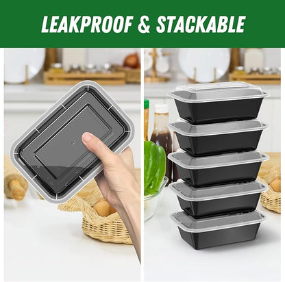 50 Pack (100-Piece) 24 oz Meal Prep Containers  with Lids, Reusable  Plastic Food Storage Boxex  Stackable  Leakproof & Food Safe, Microwave, Freezer, Dishwasher Safe Color Black 7.4"L x 5"W x 2"H