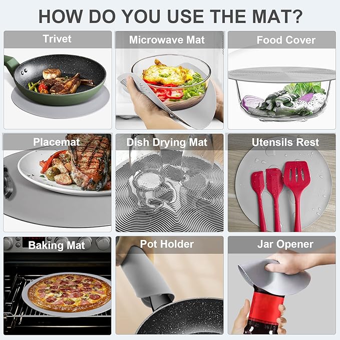 Microwave Food Cover with Collapsible Silicone Mat - Splatter Guard, Plate Holder, Strainer & Kitchen Colander for Cooking Meal Prep,  Plastic Charcoal 10 Inch