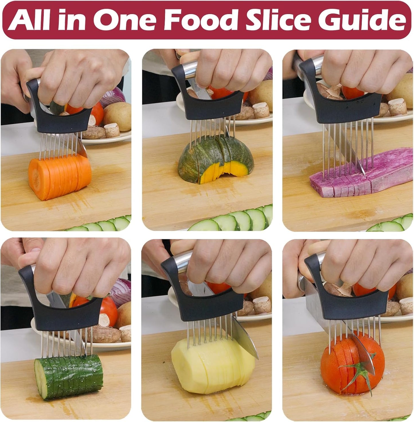 Onion Holder for Slicing-10 Stainless Steel Tomato Slicer Vegetable Cutter for Potato, Avocados, Eggs, Food Slicer Assistant Tool for Fruits Lemon and Meat Silver Color(3.7"L x 0.6"W x 5.6"H)