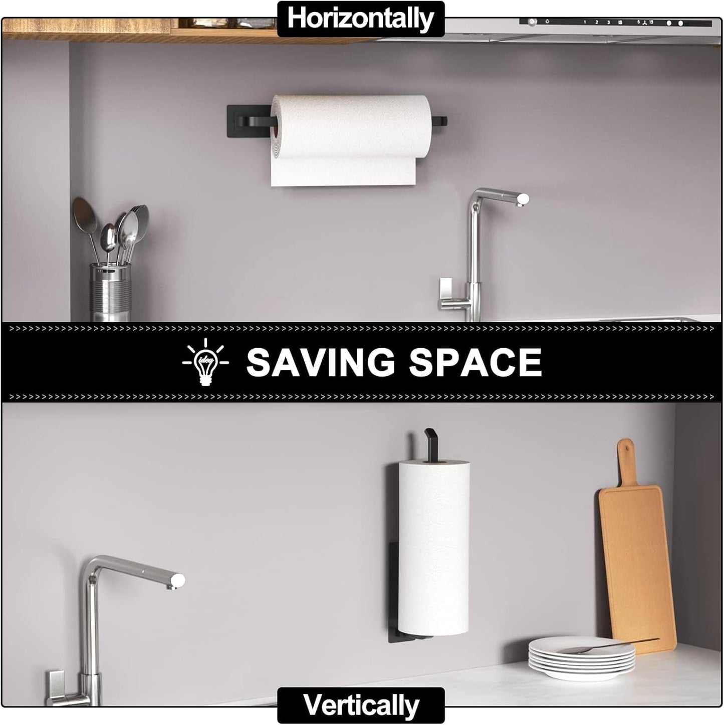 Paper Towel Holder -Self Adhesive or Drilling Paper Towel Rack for Kitchen, Matte Black Wall Mounted, Upgraded Aluminum Lighter but Stronger Than Stainless Steel. Kitchen Roll Dispenser Under Cabinet.