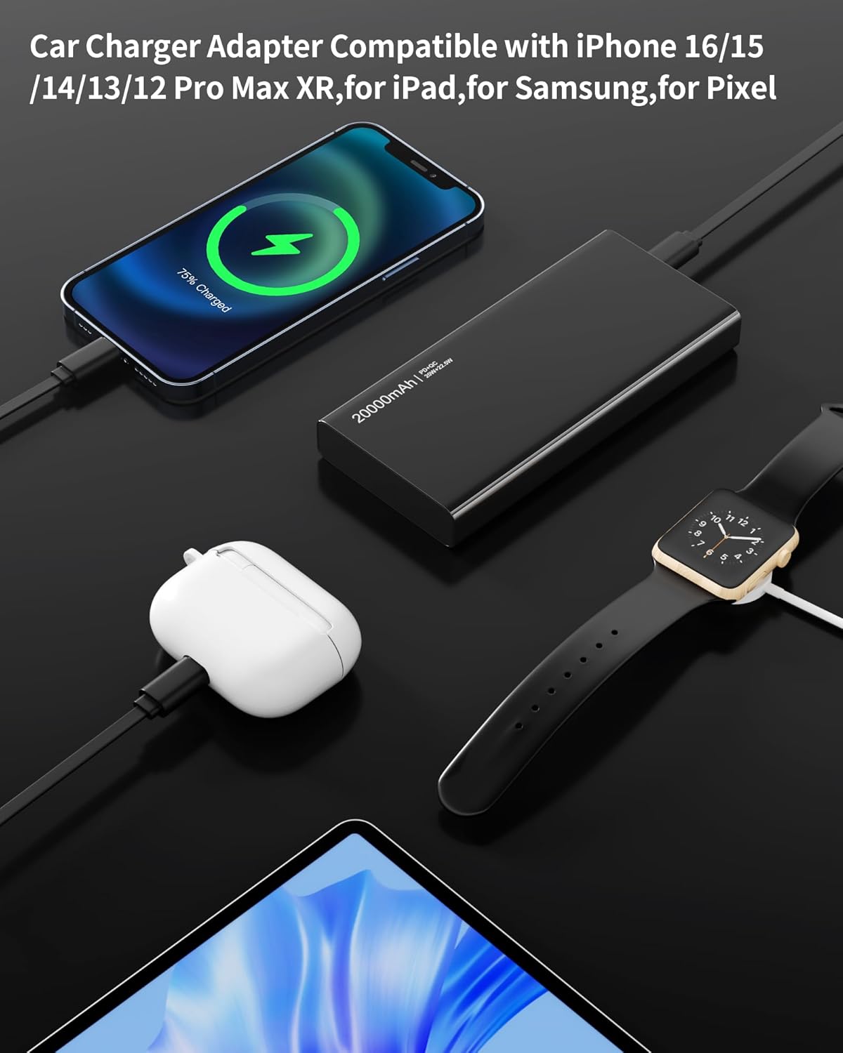 4-in-1 Retractable Fast Car Charger USB-C and USB-A Compatible with iPhone 16/15/14/13/12/11, Samsung Galaxy, Pixel, and More.