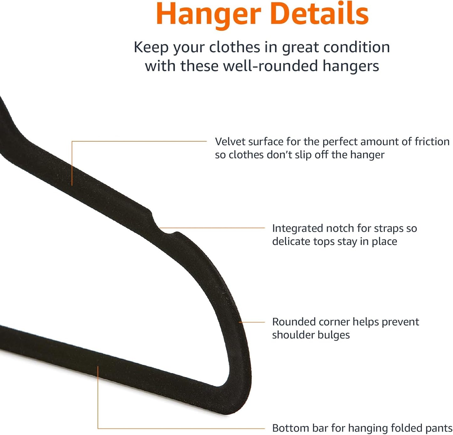 Better Homes & Gardens  Slim, Velvet, Non-Slip Suit Clothes Hangers, Pack of 50, BlackBlack for Shirts Blouses Pants Men's Suits Dress Shirts 8.8"W x 17.3"H