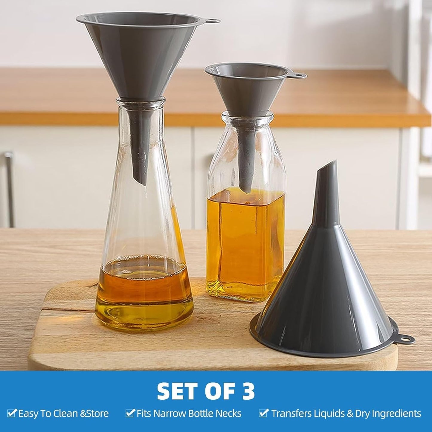 Plastic Kitchen Funnel Set of 3, Durable Round  Funnels for  Bottles, high-quality PP plastic material, Cooking Lab Use, Gray 4.4"x5.8"