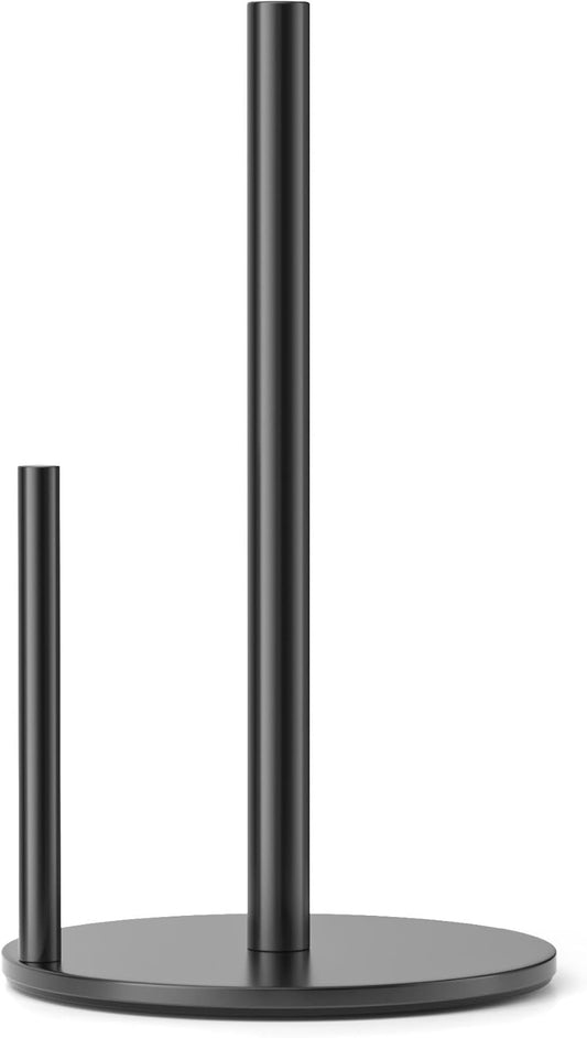 Black Paper Towel Holder - Countertop Roll Organizer with Weighted Base, and Premium Stainless Steel Kitchen Dispenser.