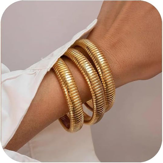 18K Gold Plated Chunky Bangle Bracelet Set for Women Stackable, Tarnish-Free Gold Bangles (Set of 3), Stylish Jewelry Accessories & Gift Idea