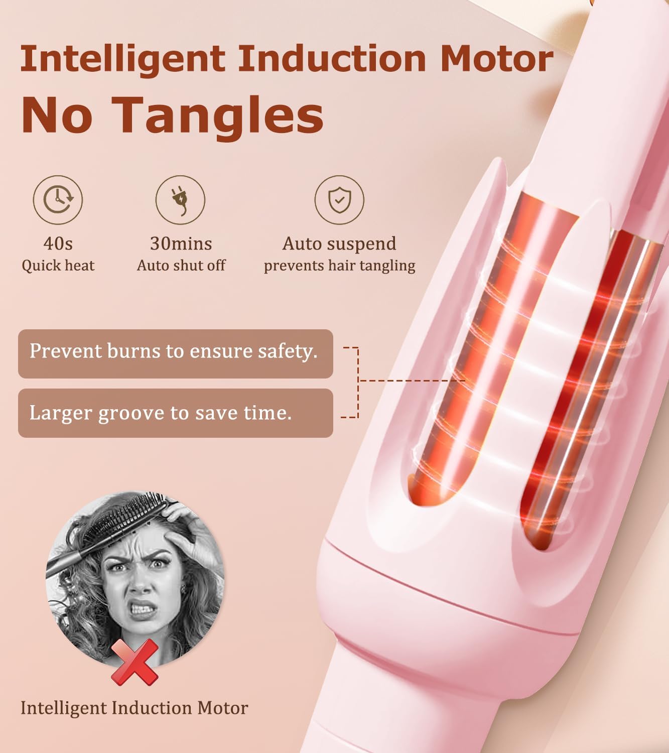 Automatic Hair Curler,  Auto-Rotating Curling Iron with 4 Heat Settings and 3 Timer Modes, Anti-Tangle, Anti-Scald, Auto Shut-Off, Damage-Free Styling Tool for Medium to Long Hair (Pink)