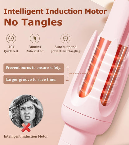 Automatic Hair Curler,  Auto-Rotating Curling Iron with 4 Heat Settings and 3 Timer Modes, Anti-Tangle, Anti-Scald, Auto Shut-Off, Damage-Free Styling Tool for Medium to Long Hair (Pink)