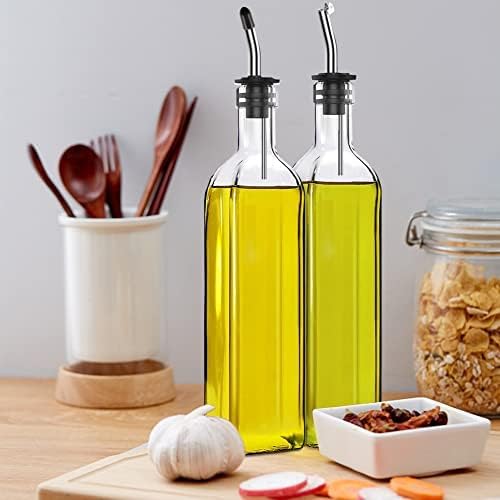 Olive Oil Dispenser Bottle, Set of 2, 500ml Glass  Olive Oil Dispenser and Vinegar Dispenser Stainless Steel Pourers, 4 Labels,1 Brush and 1 Funnel Oil Bottles for Kitchen ‎2"W x 12"H