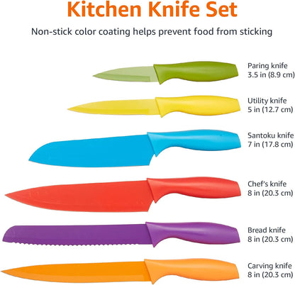 Bread knife Multicolor Color-Coded Dishwasher Safe Kitchen 12-Piece Knife Set, 6 Knives Stainless Steel with 6 Blade Guards,Plastic, 13.88 x 4.13 x 1.38 inch
