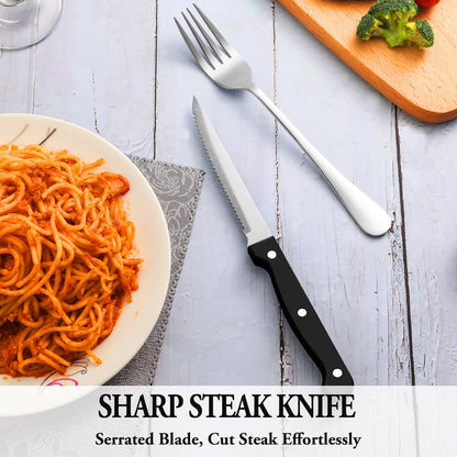 Silverware Set with Steak Knives Stainless Steel Flatware for 4, Mirror Polished Cutlery Set with Forks, Spoons and Knives Dishwasher Safe Tableware for Home and Kitchen(24-Pieces).
