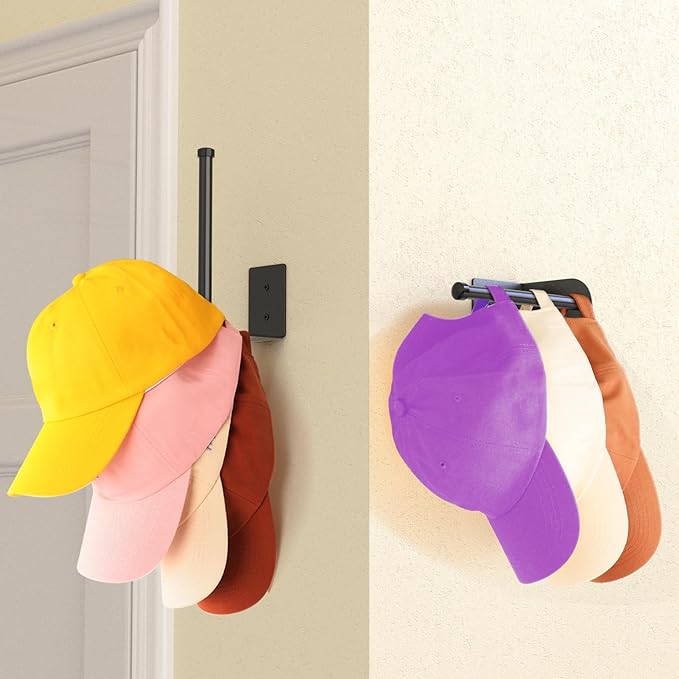 Hat Racks for Baseball Caps, Stainless Steel Hat Organizer for Baseball Cap, 2 Pack Hat Holder Storage Organizer, Hat Hanger Strong Adhesive/Wall Drilled for Door, Bedroom, Closet Black 6 in