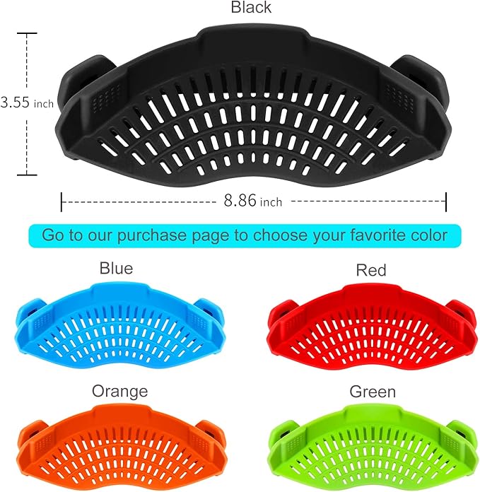 Clip On Strainer Silicone for All Pots and Pans, Pasta Strainer Clip on Food Strainer for Meat Vegetables Fruit-Silicone Drainer Kitchen Colander Color Black
