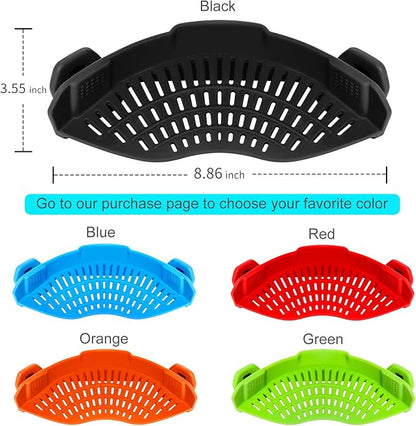Clip On Strainer Silicone for All Pots and Pans, Pasta Strainer Clip on Food Strainer for Meat Vegetables Fruit-Silicone Drainer Kitchen Colander Color Black