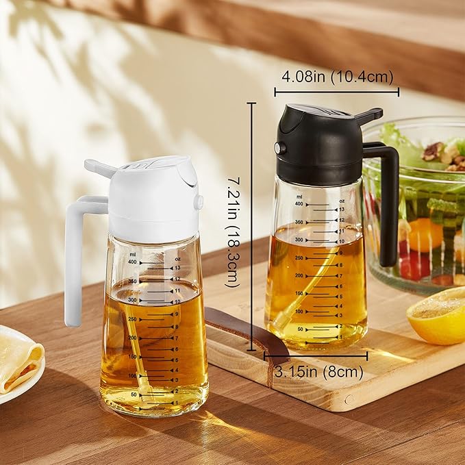 Glass Olive Oil Sprayer Bottle for Cooking – 2 in 1 Olive Oil Dispenser  and Kitchen Gadgets for Air Fryer Accessories, Salad,  Frying BBQ  Black 16oz/470ml