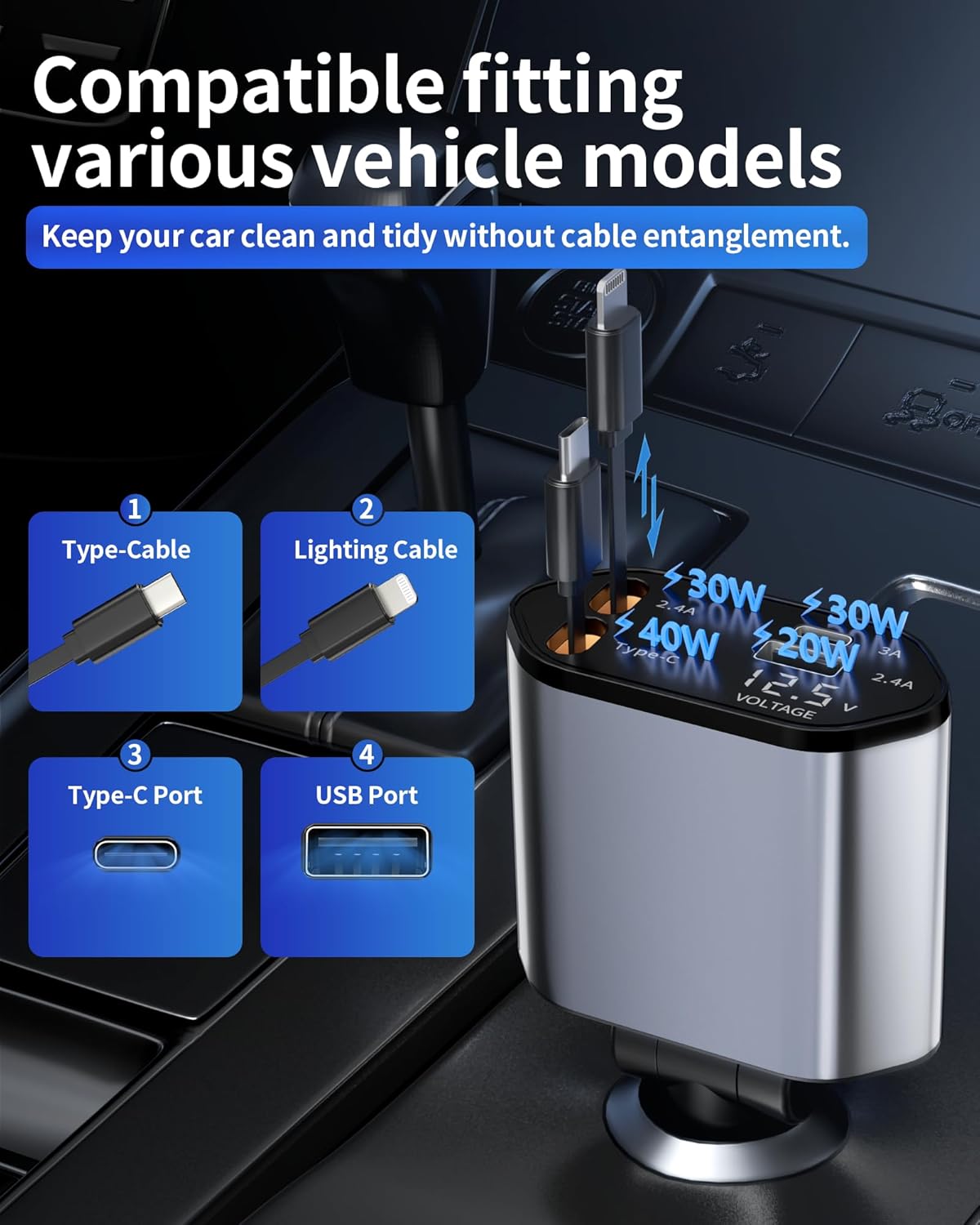 4-in-1 Retractable Fast Car Charger USB-C and USB-A Compatible with iPhone 16/15/14/13/12/11, Samsung Galaxy, Pixel, and More.