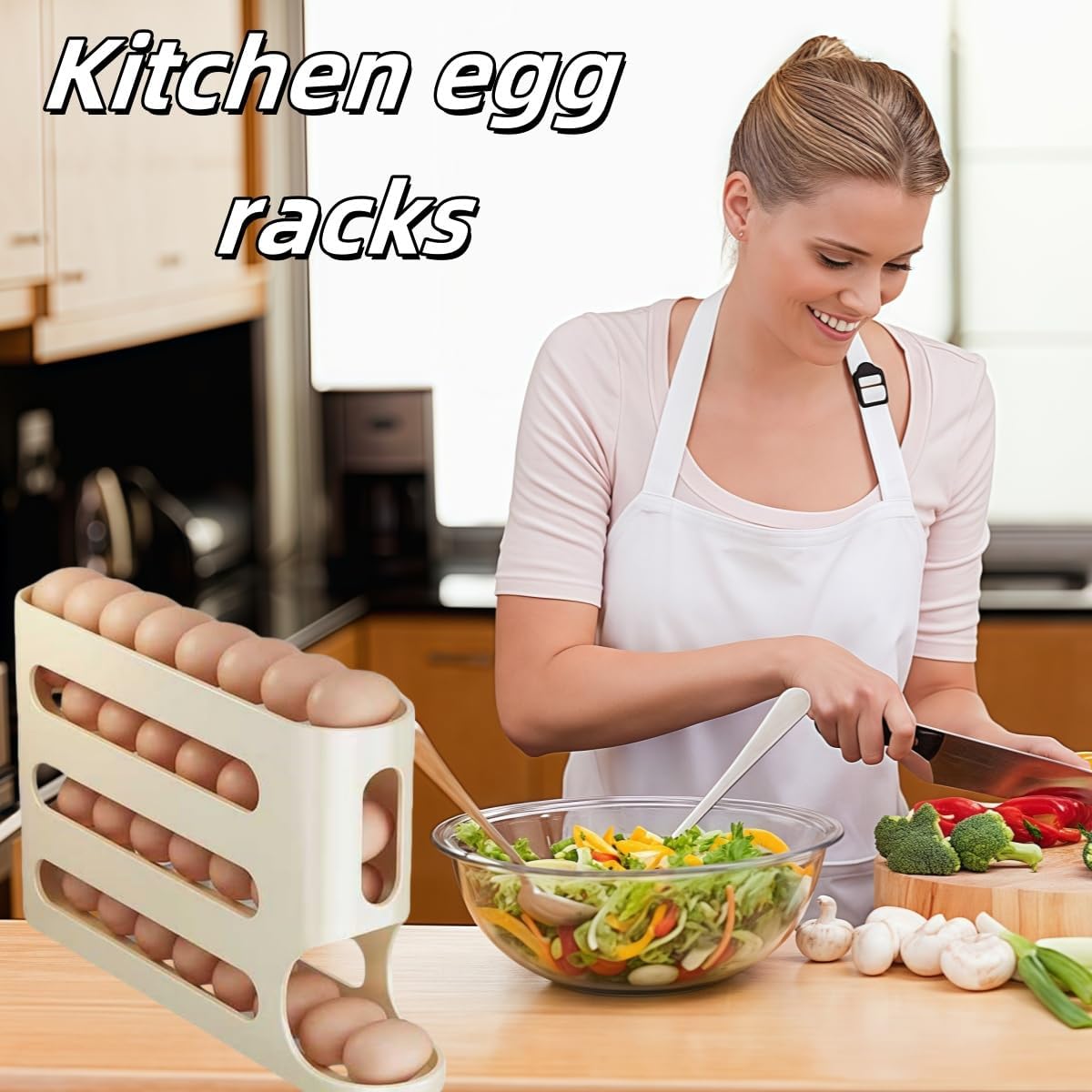 Automatic Egg Holder for Fridge- Space-Saving Automatic Rolling Eggs Dispenser, 4 Tiers Refrigerator  Egg Rack Holds up to 30 pcs Yellow Color (1 Count ‎12.99"D x 3.14"W x 7"H)