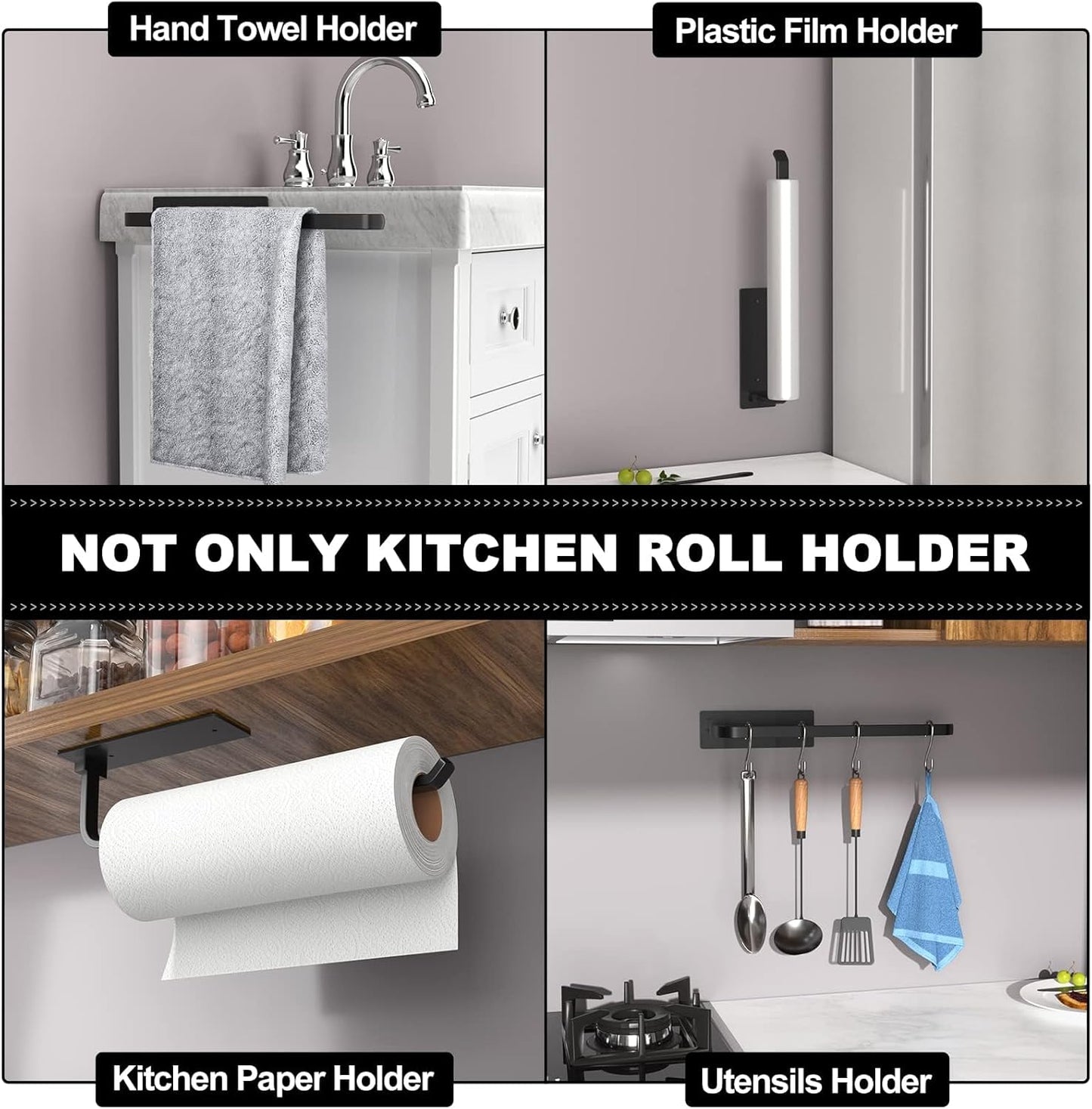 Paper Towel Holder -Self Adhesive or Drilling Paper Towel Rack for Kitchen, Matte Black Wall Mounted, Upgraded Aluminum Lighter but Stronger Than Stainless Steel. Kitchen Roll Dispenser Under Cabinet.