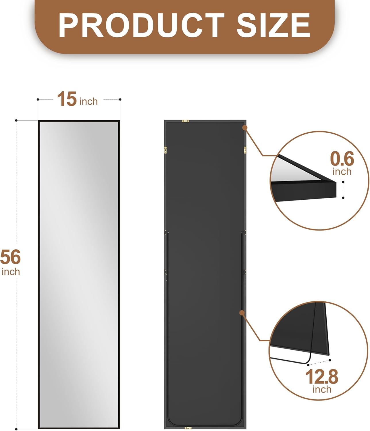 Full Length Wall Mirror with stand, 56”x15”, Standing Mirror Full Body, Aluminum Alloy Frame Full Body Mirror, Standing Hanging or Leaning Against Wall for Bedroom and Living Room (Black).