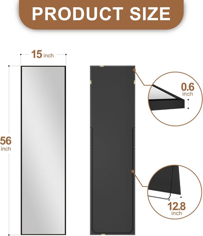 Full Length Wall Mirror with stand, 56”x15”, Standing Mirror Full Body, Aluminum Alloy Frame Full Body Mirror, Standing Hanging or Leaning Against Wall for Bedroom and Living Room (Black).