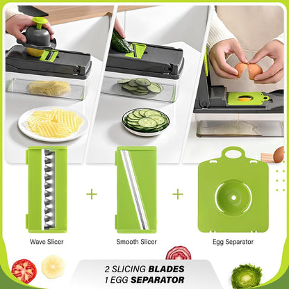 Vegetable Chopper 14-in-1 – Professional Food Chopper, Dicer, Cutter and Mandoline Slicer with Container Ultra-Sharp, Military-Grade, Rust-Proof Blades,  Non-Toxic, Chemical-Free Kitchen Gadget