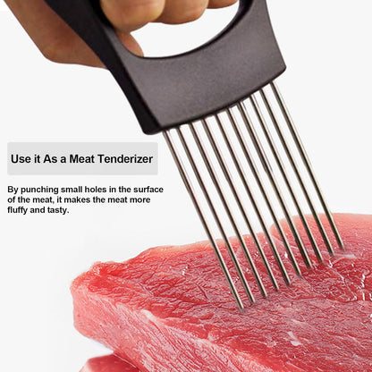 Onion Holder for Slicing-10 Stainless Steel Tomato Slicer Vegetable Cutter for Potato, Avocados, Eggs, Food Slicer Assistant Tool for Fruits Lemon and Meat Silver Color(3.7"L x 0.6"W x 5.6"H)