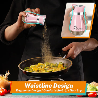 Salt and Pepper Shakers Set,4 oz Glass Bottom Spice Shaker with Stainless Steel Lids Refillable Seasoning Jars for Kitchen Cooking Table Color Pink 2.5"L x 5"W x 4.8"H