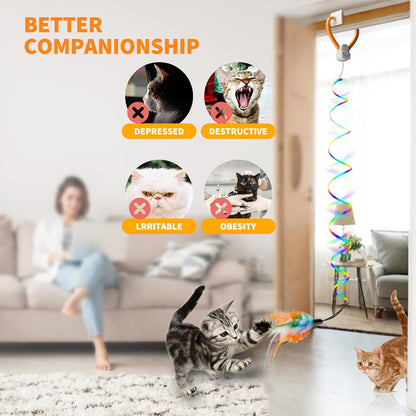 Interactive Automatic Cat Toy - Hanging Door Clip with 360° Rotating Ribbons, Feather & Rainbow Teaser for Indoor Cats, Kittens & Exercise Play