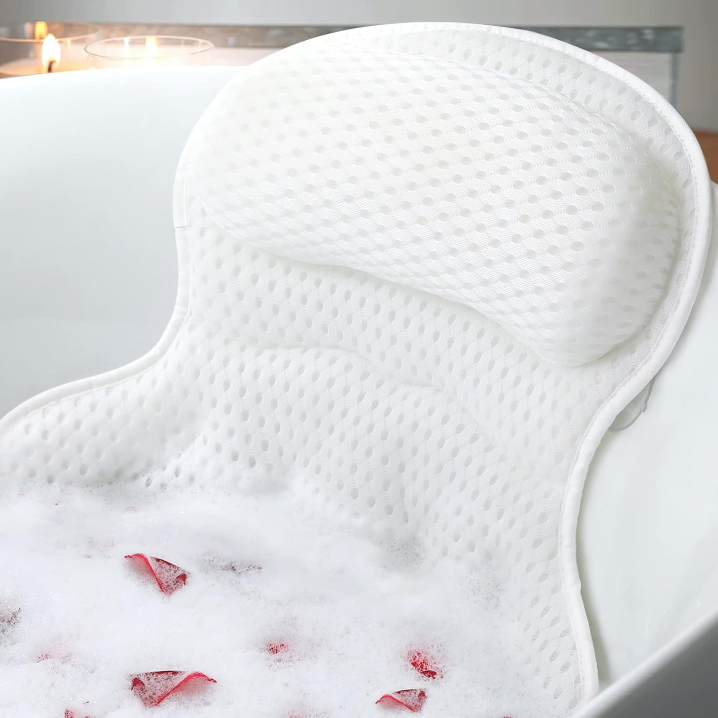 Luxury Bath Pillow for Tub - Soft 4D Mesh Bathtub Headrest with Neck & Back Support, 6 Non-Slip Suction Cups - Spa Relaxation Gift