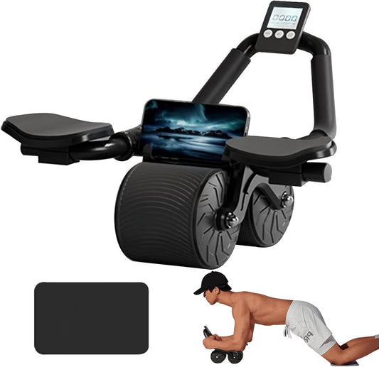 Ab Roller Wheel with Timer, Automatic Rebound Abdominal Wheel - Knee Mat & Elbow Support - Fitness Trainer for Core Strength