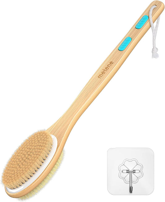 Dual-Sided Shower Brush with Soft & Stiff Bristles - Long Handle Back Scrubber & Body Exfoliator