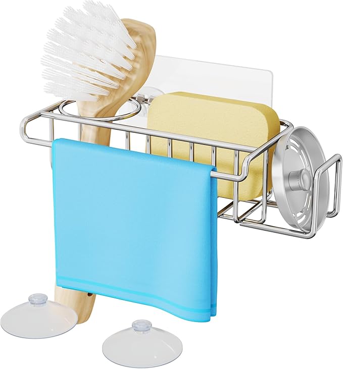 4-in-1 Stainless Steel Sink Caddy with Sponge Holder, Soap Rack, Brush Slot & Dish Cloth Hanger