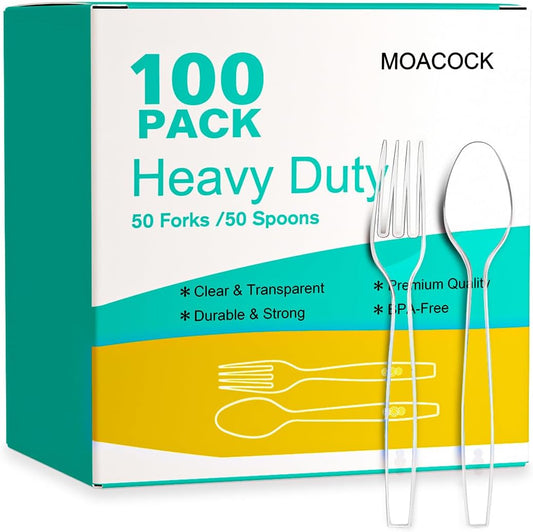 100 Count Heavy Duty Plastic Silverware Set – Disposable Forks & Spoons for Weddings, Parties, Catering & Everyday Use