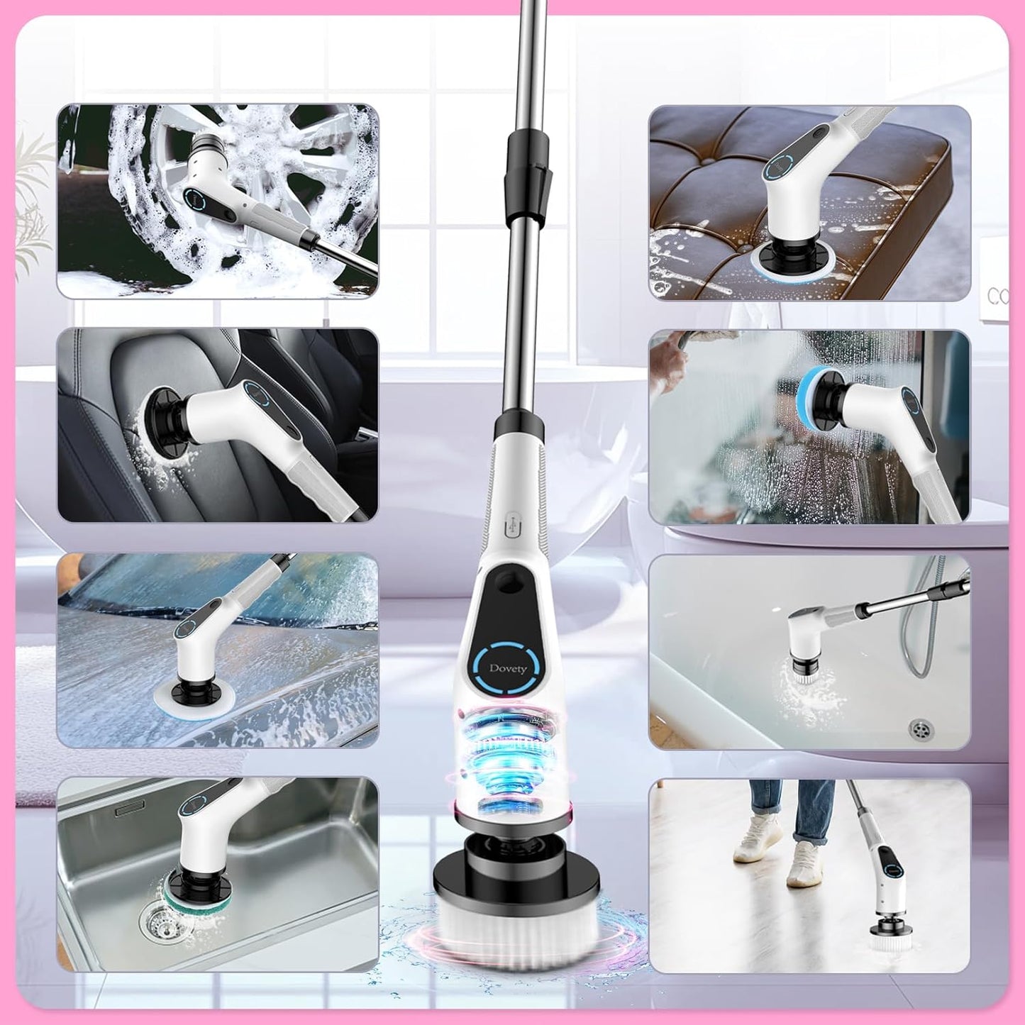 Premium Electric Spin Scrubber Cordless Power Cleaning System with 8 Interchangeable Brush Heads, Dual-Speed Motor, LCD Display and Adjustable Extension Handle IPX7 Waterproof for Deep Cleaning Bathroom, Tub, Tile, Grout, Floors and Walls