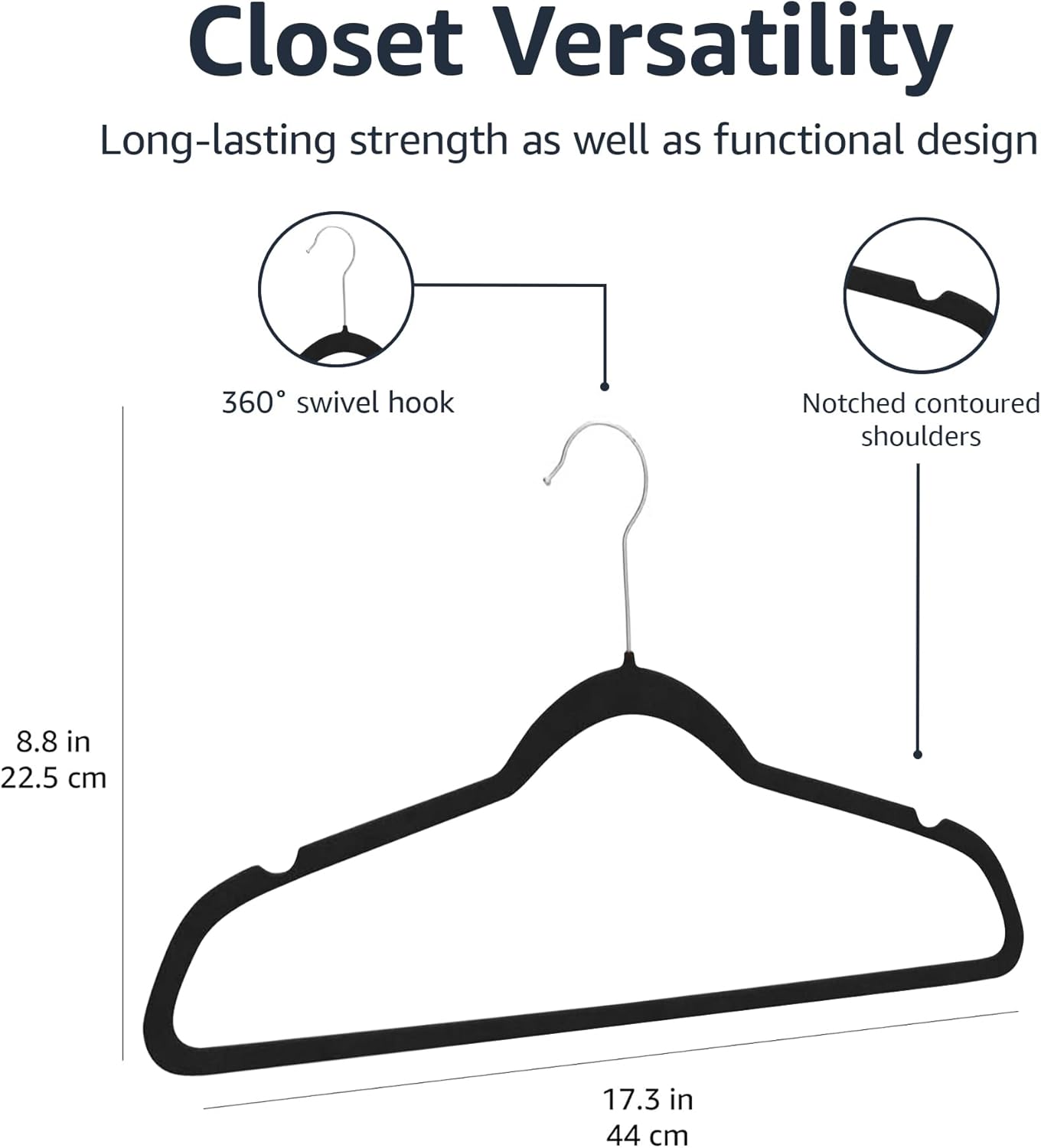 Better Homes & Gardens  Slim, Velvet, Non-Slip Suit Clothes Hangers, Pack of 50, BlackBlack for Shirts Blouses Pants Men's Suits Dress Shirts 8.8"W x 17.3"H