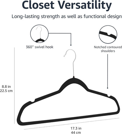Better Homes & Gardens  Slim, Velvet, Non-Slip Suit Clothes Hangers, Pack of 50, BlackBlack for Shirts Blouses Pants Men's Suits Dress Shirts 8.8"W x 17.3"H
