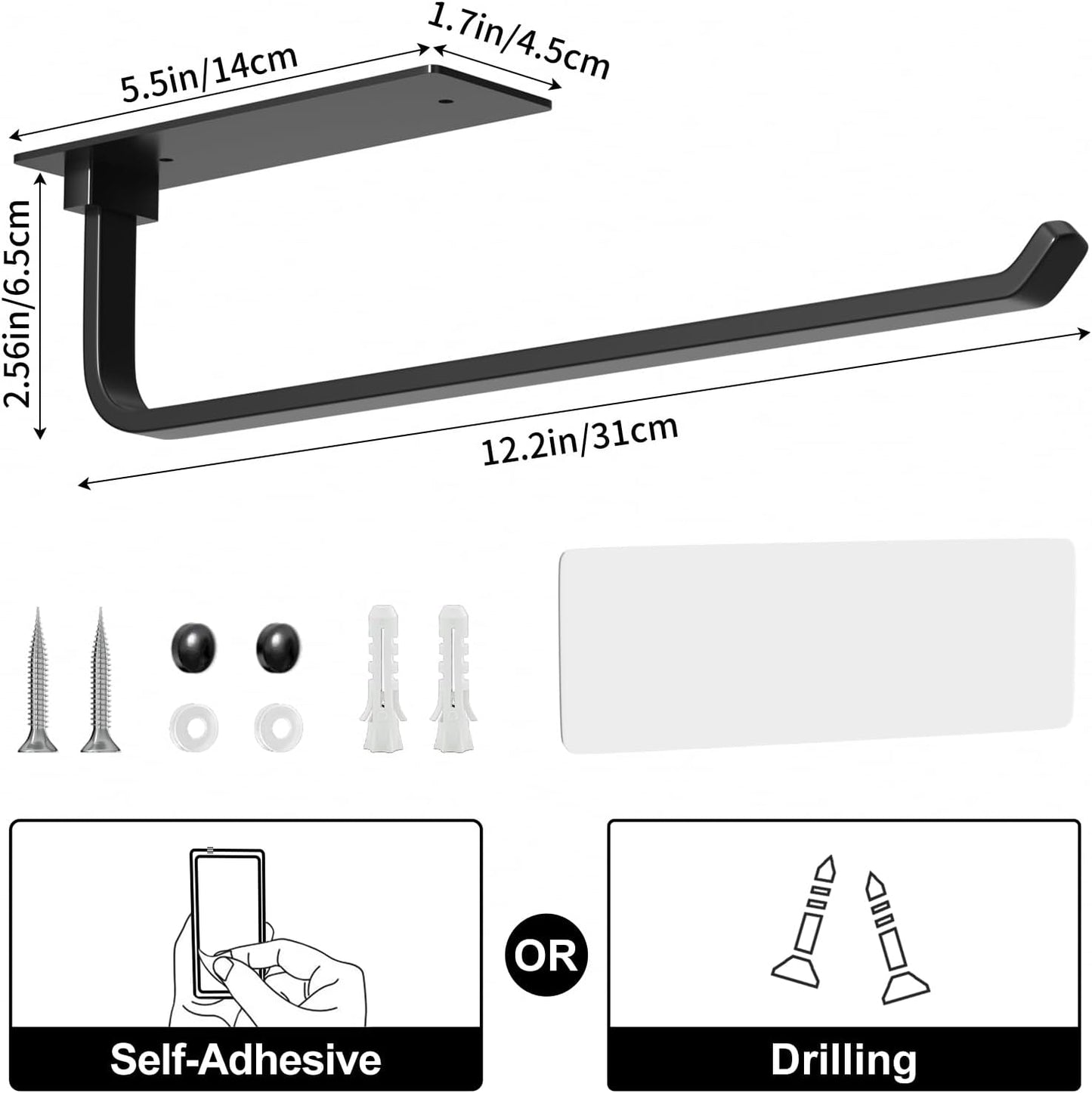 Paper Towel Holder -Self Adhesive or Drilling Paper Towel Rack for Kitchen, Matte Black Wall Mounted, Upgraded Aluminum Lighter but Stronger Than Stainless Steel. Kitchen Roll Dispenser Under Cabinet.