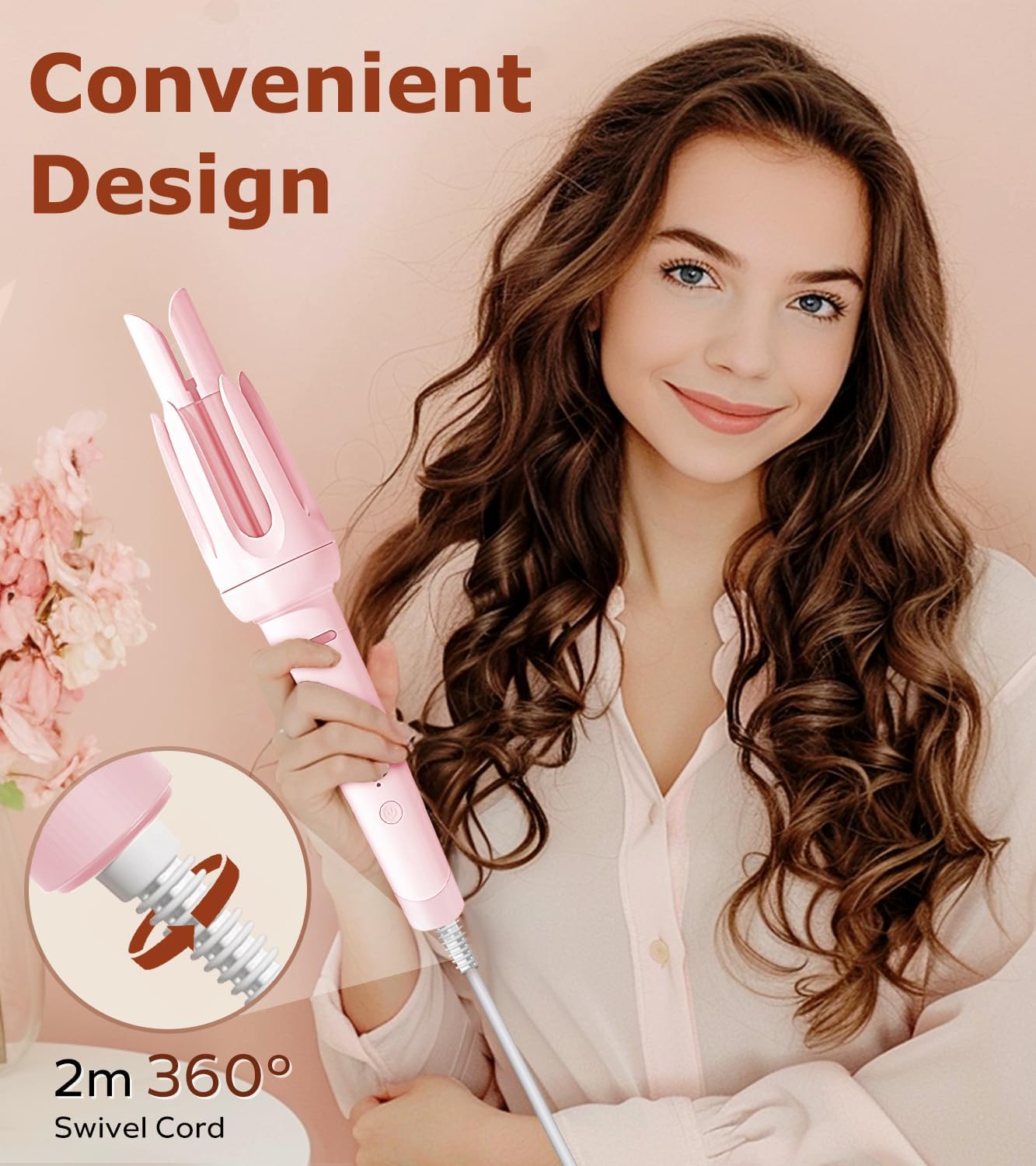 Automatic Hair Curler,  Auto-Rotating Curling Iron with 4 Heat Settings and 3 Timer Modes, Anti-Tangle, Anti-Scald, Auto Shut-Off, Damage-Free Styling Tool for Medium to Long Hair (Pink)