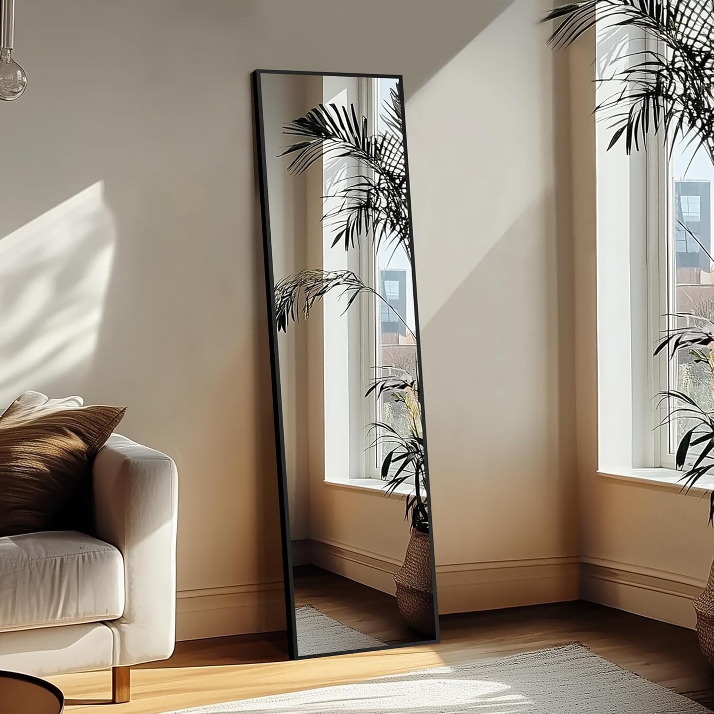 Full Length Wall Mirror with stand, 56”x15”, Standing Mirror Full Body, Aluminum Alloy Frame Full Body Mirror, Standing Hanging or Leaning Against Wall for Bedroom and Living Room (Black).