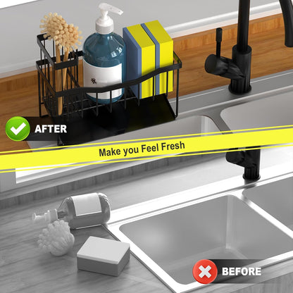 Kitchen Sink Caddy Sponge and Brush Holder with Rustproof Stainless Steel Self-Draining Tray, Sink Organizer for Sponge, Soap Dispenser and Cleaning Accessories.