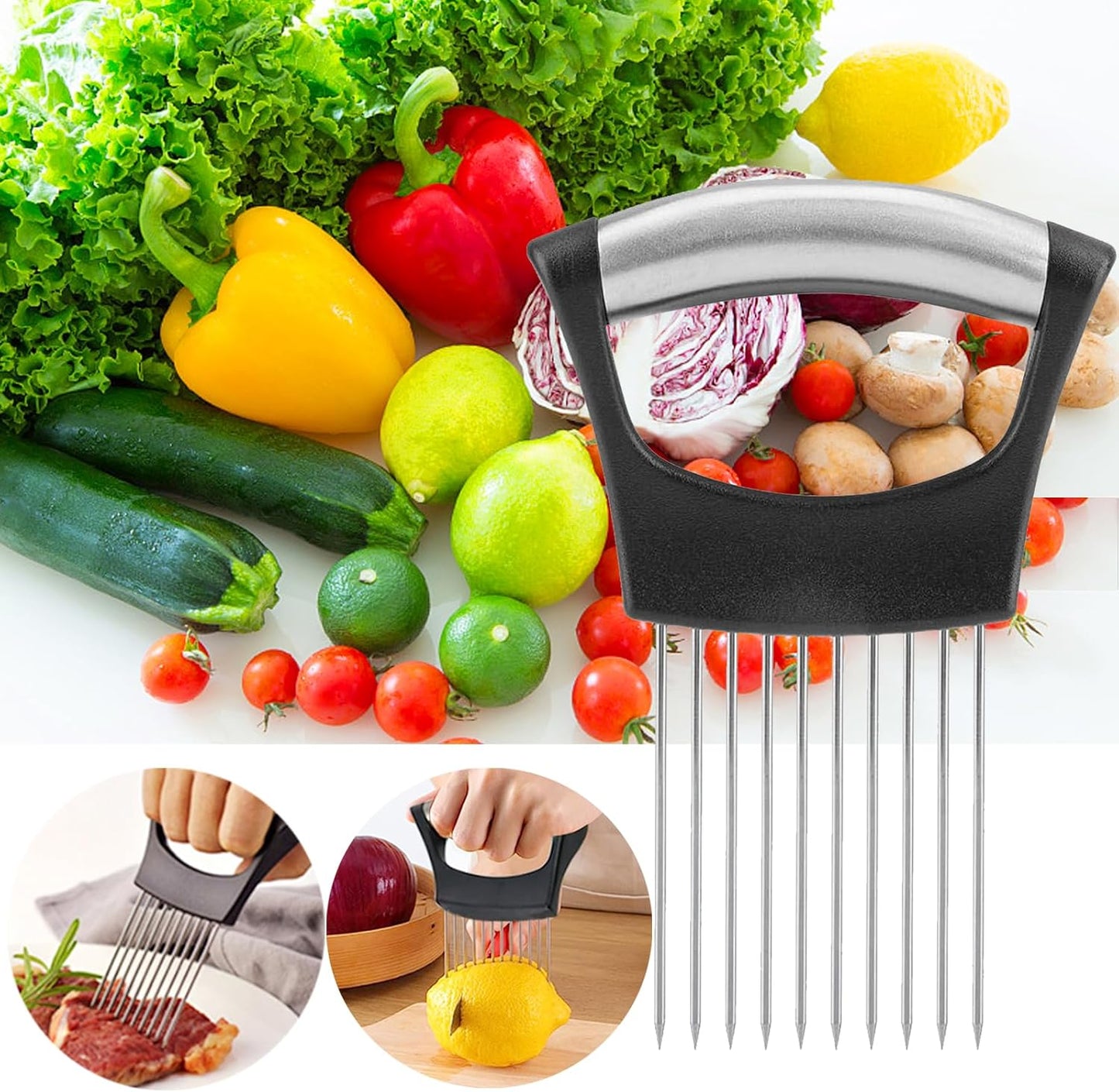 Onion Holder for Slicing-10 Stainless Steel Tomato Slicer Vegetable Cutter for Potato, Avocados, Eggs, Food Slicer Assistant Tool for Fruits Lemon and Meat Silver Color(3.7"L x 0.6"W x 5.6"H)
