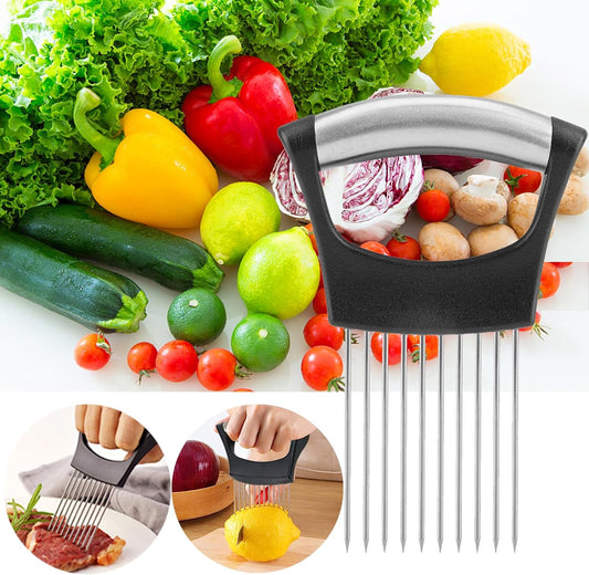 Onion Holder for Slicing-10 Stainless Steel Tomato Slicer Vegetable Cutter for Potato, Avocados, Eggs, Food Slicer Assistant Tool for Fruits Lemon and Meat Silver Color(3.7"L x 0.6"W x 5.6"H)