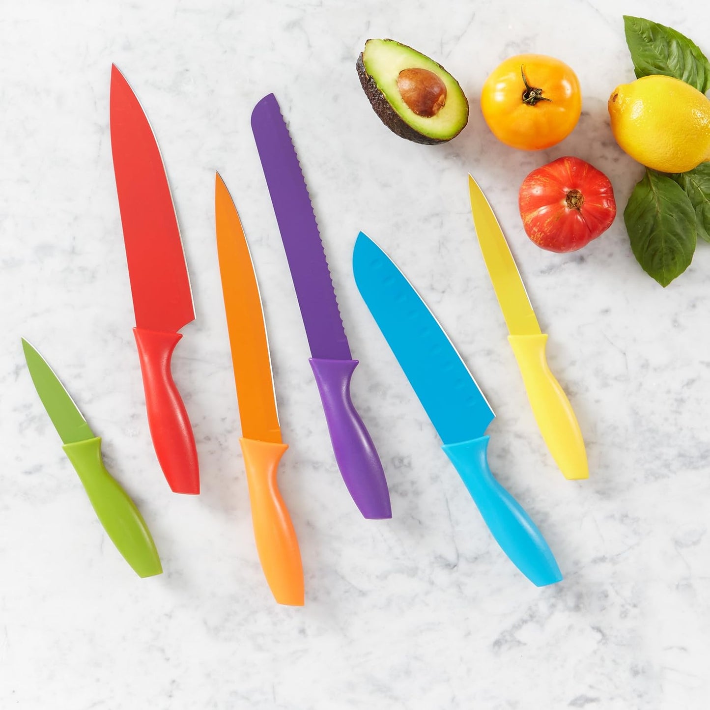 Bread knife Multicolor Color-Coded Dishwasher Safe Kitchen 12-Piece Knife Set, 6 Knives Stainless Steel with 6 Blade Guards,Plastic, 13.88 x 4.13 x 1.38 inch