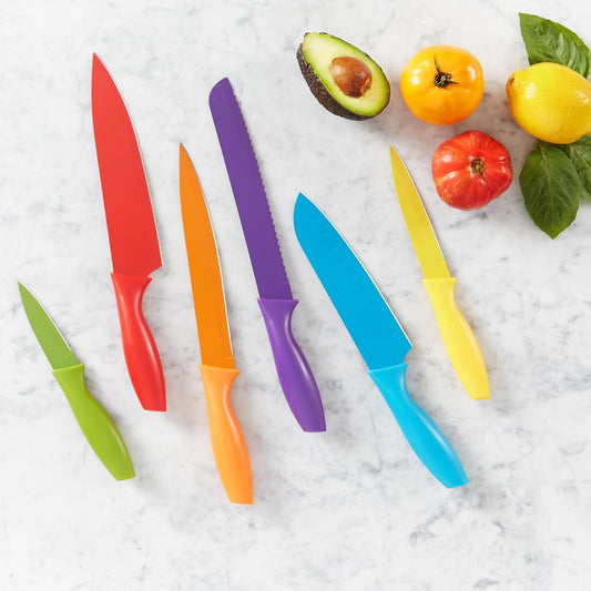 Bread knife Multicolor Color-Coded Dishwasher Safe Kitchen 12-Piece Knife Set, 6 Knives Stainless Steel with 6 Blade Guards,Plastic, 13.88 x 4.13 x 1.38 inch